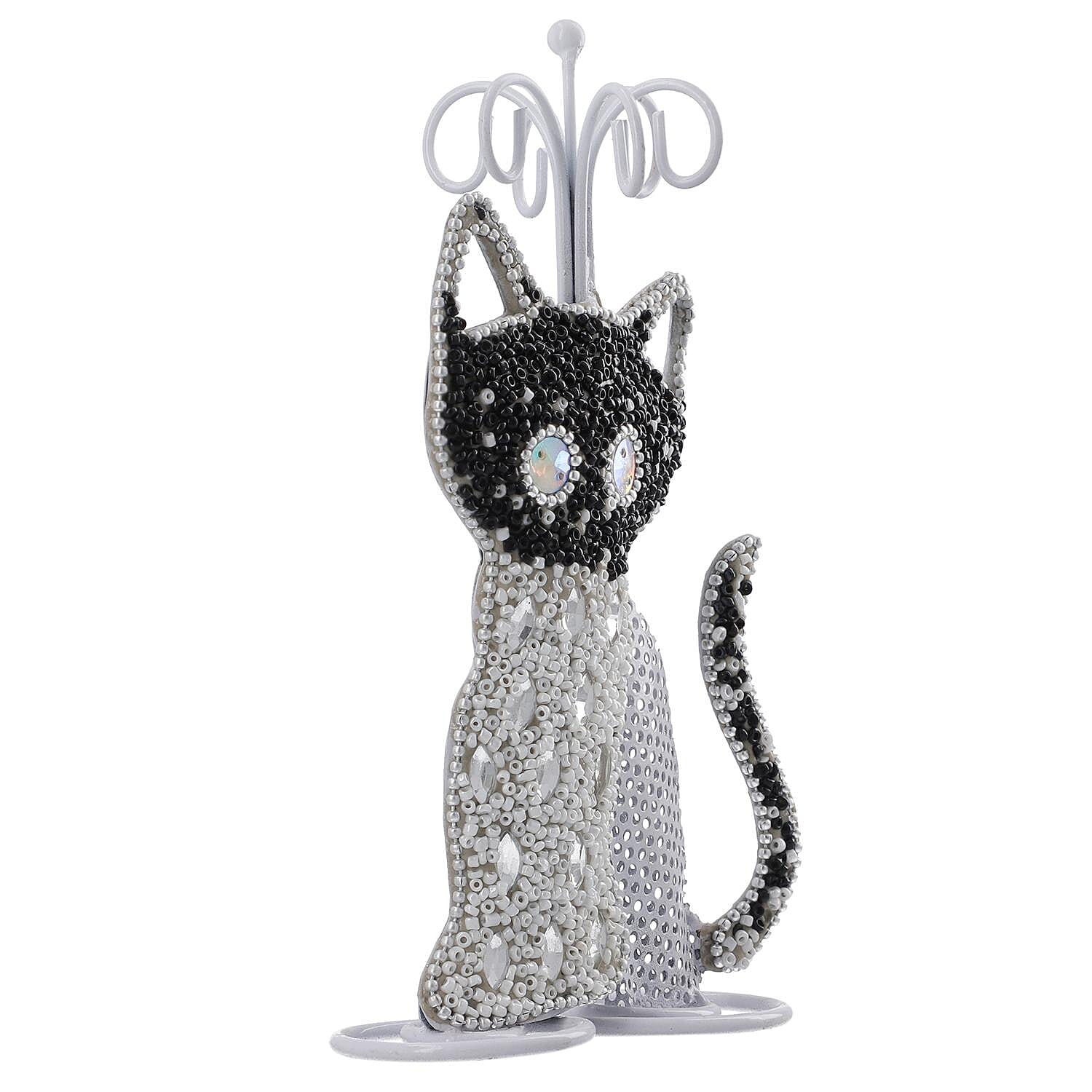 Cat Figure Iron Based Beaded Jewellery - Keyring Holder (Size 17x9x5 Cm) - Black and White 7369128 6