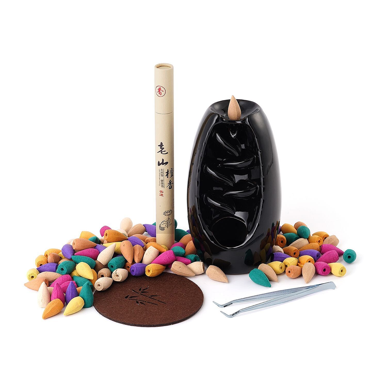 Ceramic Backflow Incense Holder with 120 Incense Cones, 30 sticks, Tweezer and Base 7215008 0