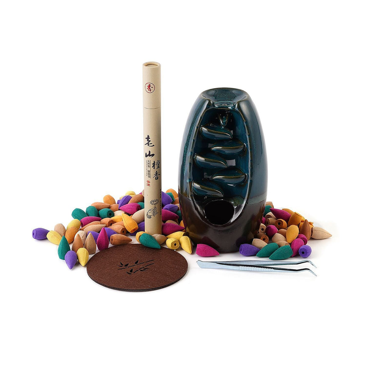 Ceramic Backflow Incense Holder with 120 Incense Cones, 30 sticks, Tweezer and Base 7215004 0