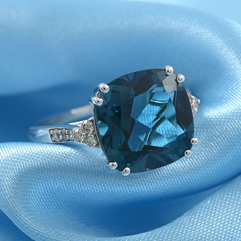 AGI Certified and Appraised 10K White Gold AAA London Blue Topaz and Diamond Ring 7.10 Ct.