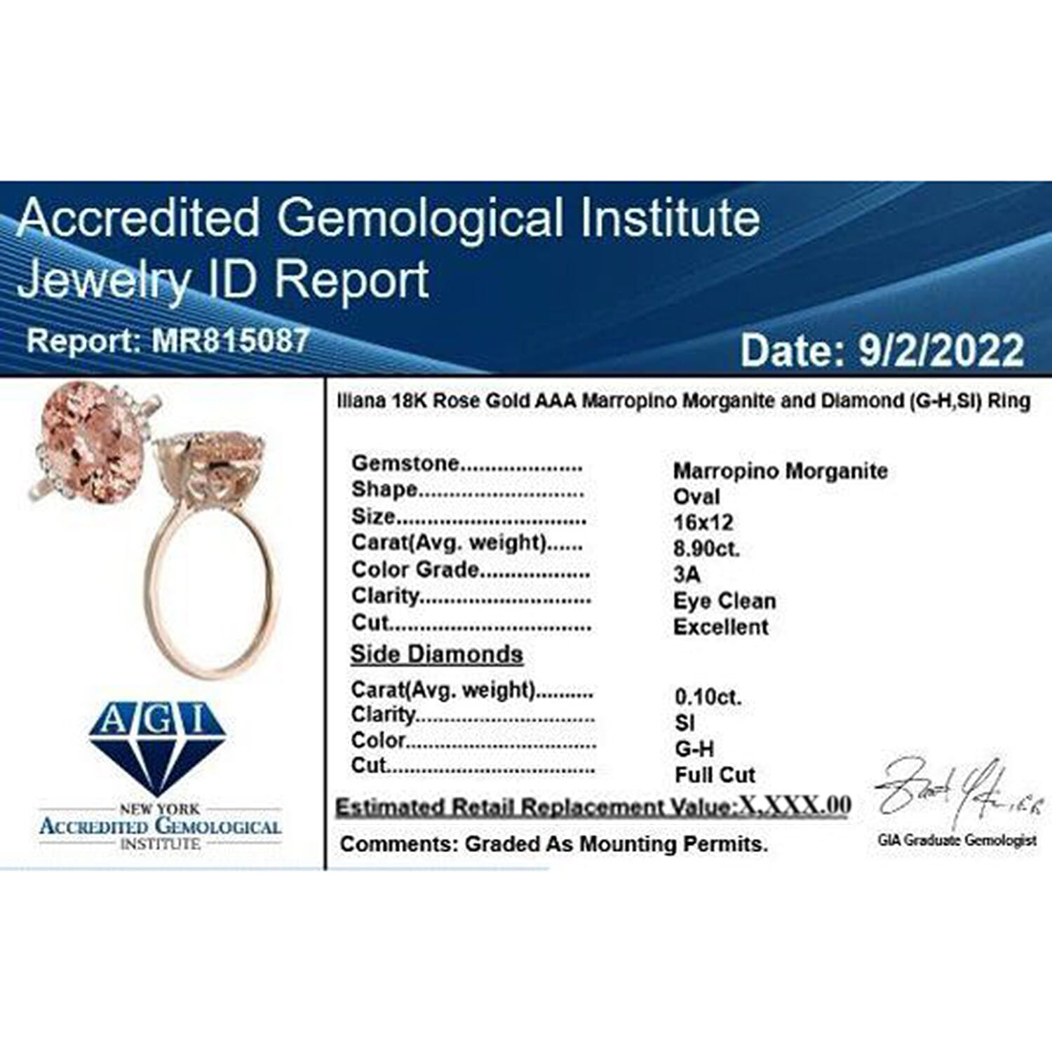 Certified and Appraised ILIANA 18K Rose Gold AAA Marropino Morganite and Diamond I1 GH Solitaire Ring Gold 3.78 grams, 9 Ct 7168653 3