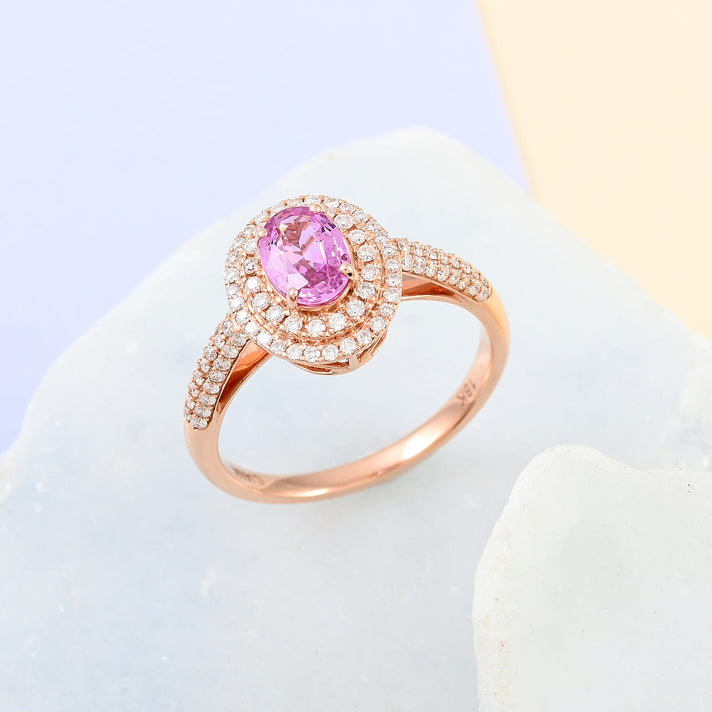 Certified and Appraised ILIANA 18K Rose Gold AAA Pink Sapphire and Diamond SI GH Double Halo Wedding Band Ring 3.58 grams, 1.40 Ct 7079192 1