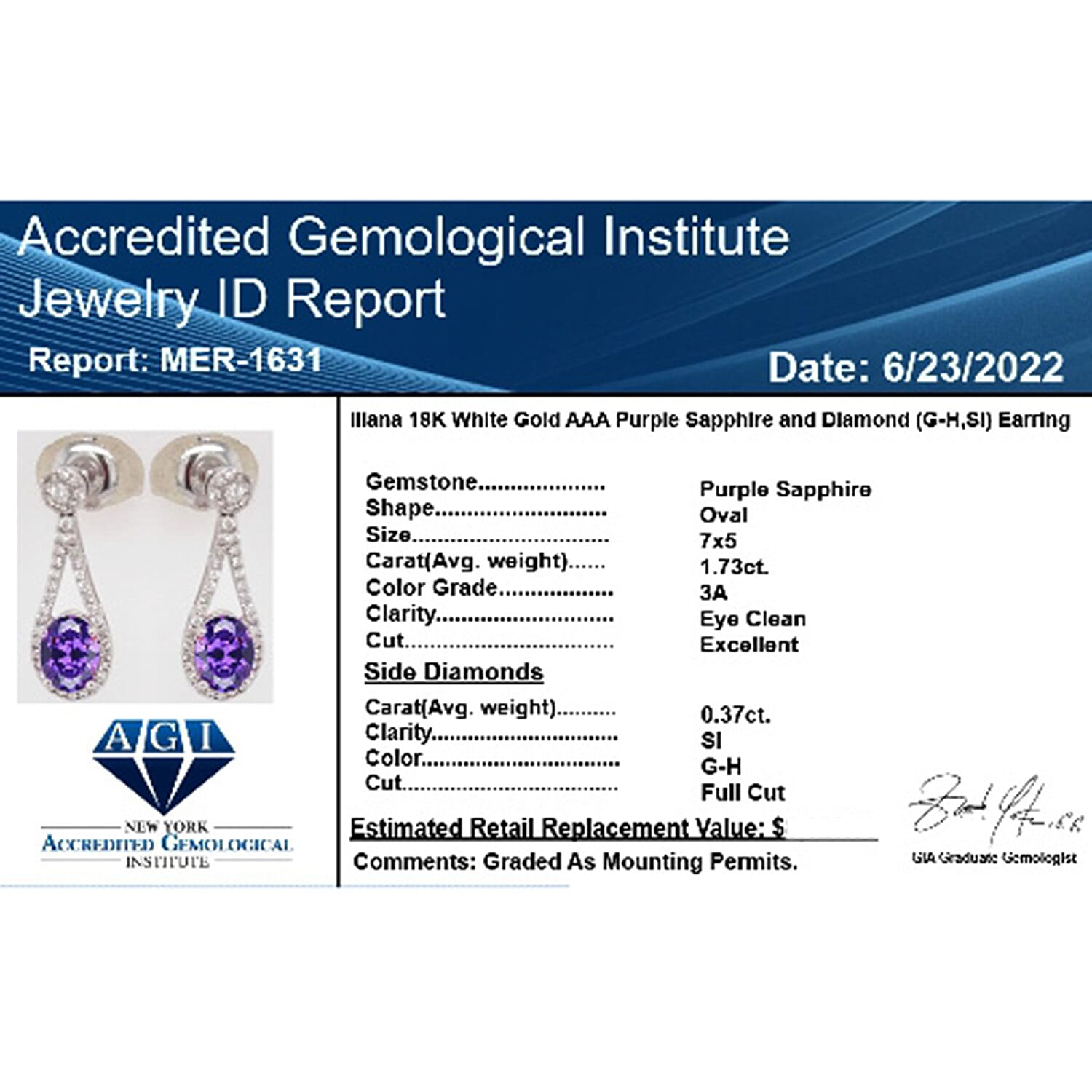 Certified &amp; Appraised ILIANA 2.10 Ct AAA Purple Sapphire, Diamond Earrings in 18K White Gold (SI-GH) 7072696 5