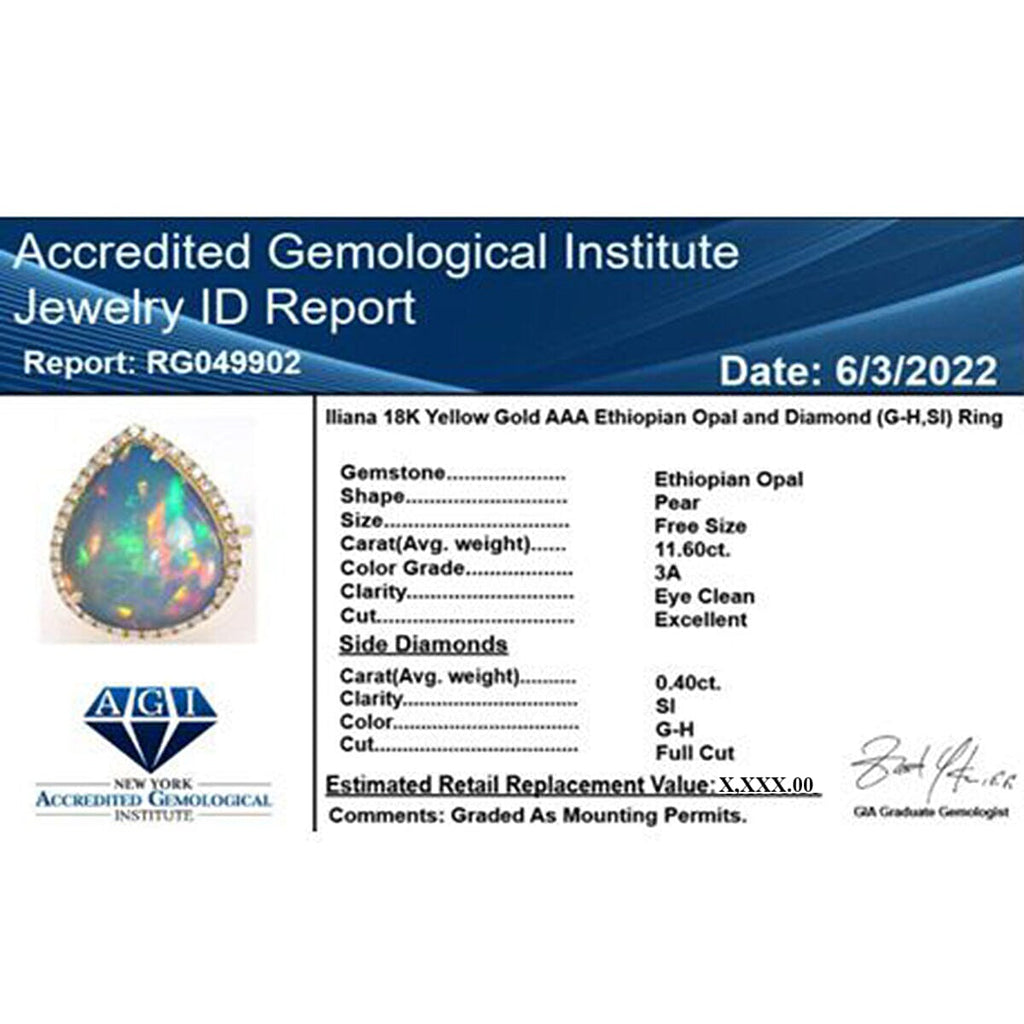 Certified and Appraised ILIANA 18K Yellow Gold AAA Ethiopian Opal and Diamond SI Solitaire Ring Gold 4.27 grams, 12 Ct.(Resizable 2-size UP-DN).