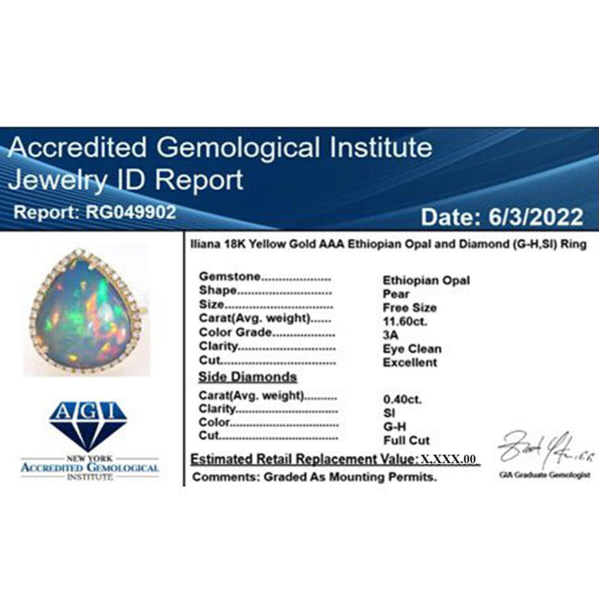 Certified and Appraised ILIANA 18K Yellow Gold AAA Ethiopian Opal and Diamond SI Solitaire Engagement Ring Gold 4.27 grams, 12 Ct 7023481 2