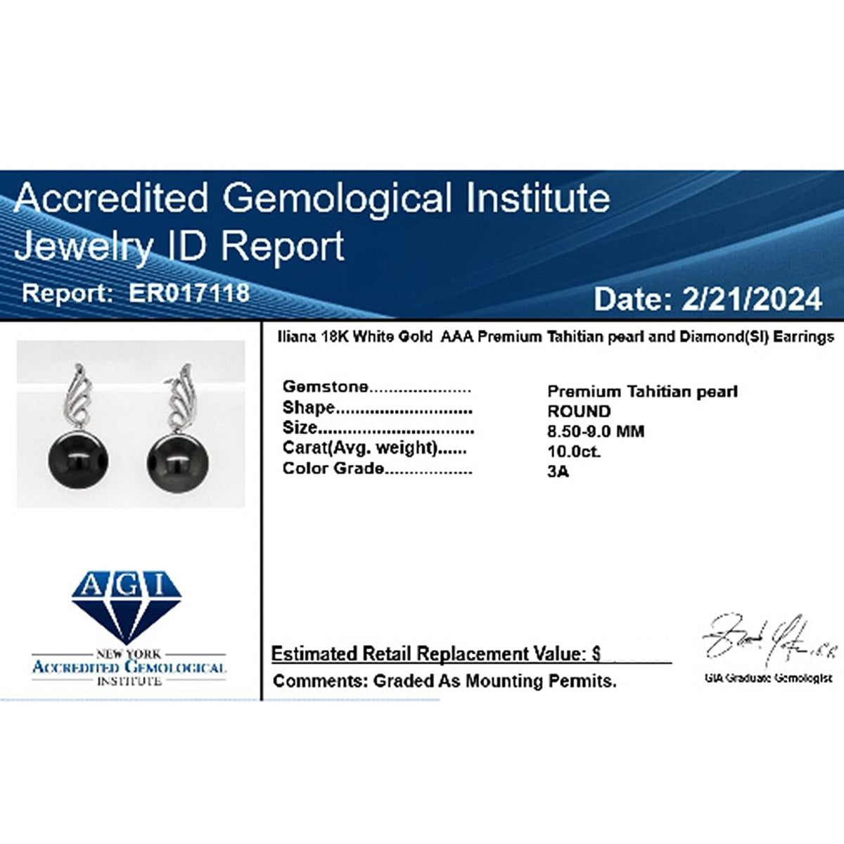 Certified &amp; Appraised ILIANA 10 Ct. AAA Tahitian Pearl (8.50-9.0 MM) Drop Earrings in 18K White Gold 7732978 5