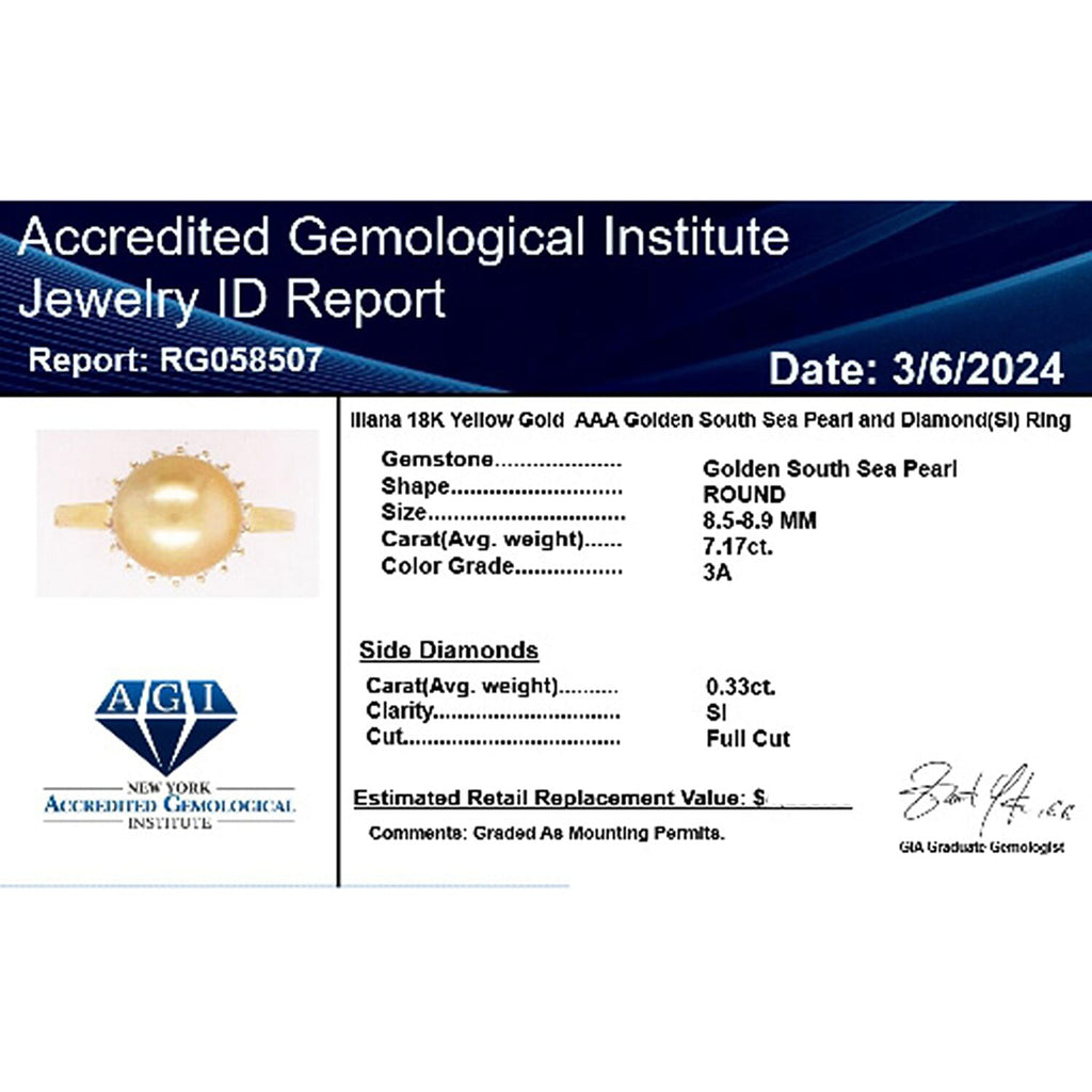 Certified & Appraised 18K Yellow Gold AAA South Sea Golden Pearl and ( SI-GH) Diamond Ring