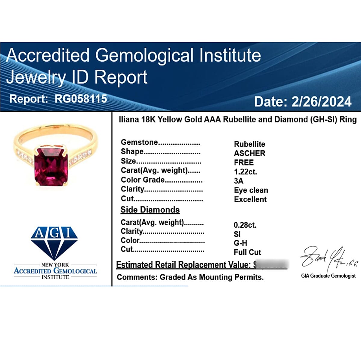 Certified and Appraised Iliana AAA Ouro Fino Rubellite and G-H SI Diamond 1.50 ct Ring in 18K Yellow Gold 7738060 6