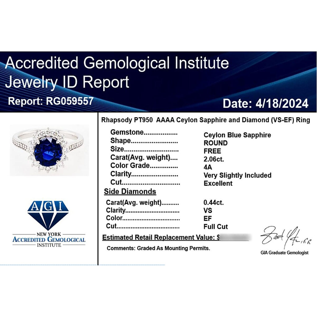 Certified and Appraised 950 Platinum AAAA Blue Ceylon Sapphire and White Diamond VS Ring 2.50 Ct, Platinum 5.66 GM