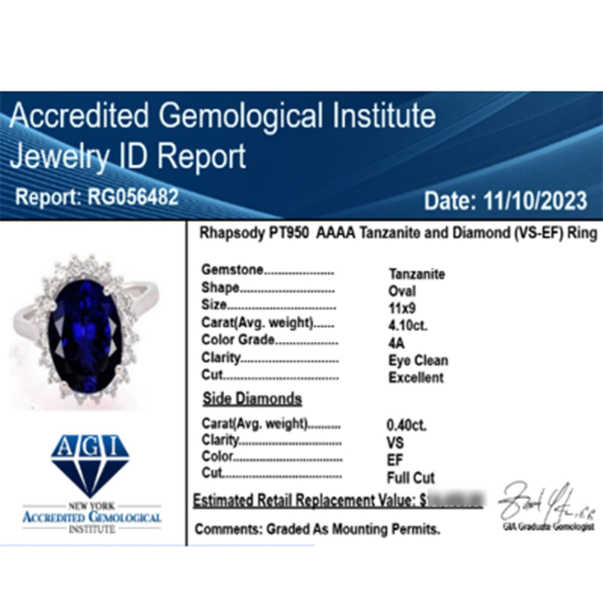 Certified and Appraised Rhapsody 950 Platinum AAAA Tanzanite and E-F VS Diamond Halo Ring 6.30 Grams 4.50 ct 7675164 8