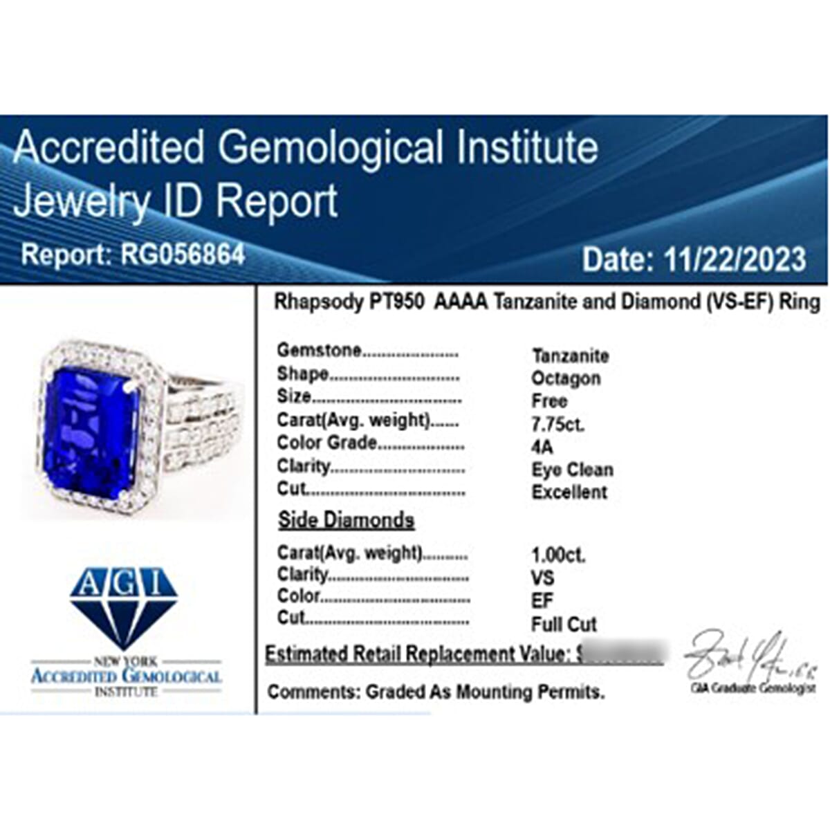 RHAPSODY 950 Platinum AAAA Tanzanite and E-F VS Diamond Ring 8.75 ct 7689055 8