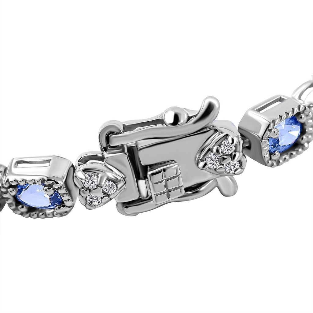 Ceylon Sapphire and Natural Zircon Bracelet (Size - 7.5) with GB Lock Box in Rhodium Overlay Sterling Silver 3.38 Ct, Silver Wt. 9.00 Gms.