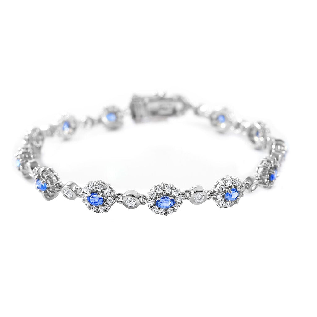 Ceylon Sapphire and Natural Cambodian Zircon Bracelet (Size - 7.5) in Rhodium Overlay Sterling Silver 8.16 Ct, Silver Wt. 10.50 Gms