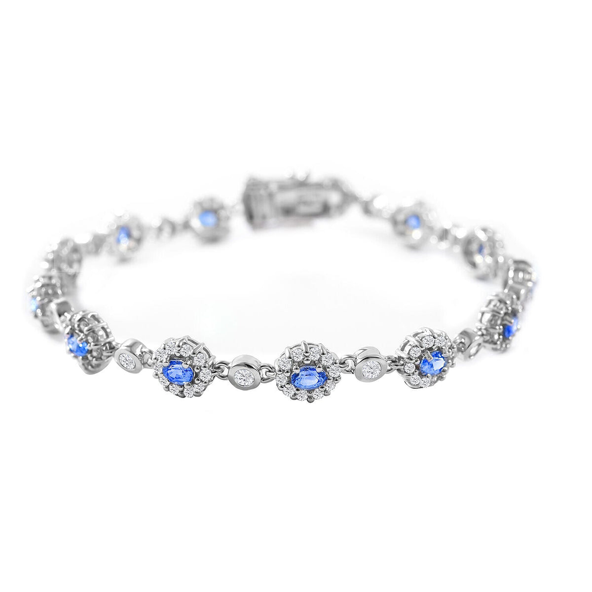 Ceylon Sapphire and Natural Cambodian Zircon Bracelet (Size - 7.5) in Rhodium Overlay Sterling Silver 8.16 Ct, Silver Wt. 10.50 Gms 7256085 0