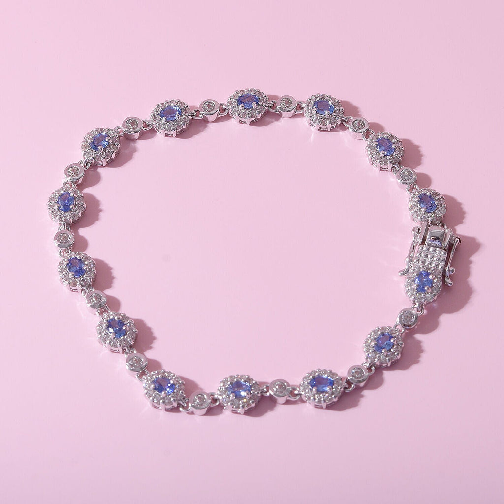 Ceylon Sapphire and Natural Cambodian Zircon Bracelet (Size - 7.5) in Rhodium Overlay Sterling Silver 8.16 Ct, Silver Wt. 10.50 Gms