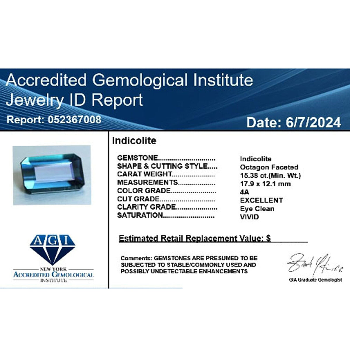 Chairman Vault Collection - Certified and Appraised AAAA Monte Belo Indicolite Loose Gemstone (Oct Shape) 15.38 ct. 7810314 4