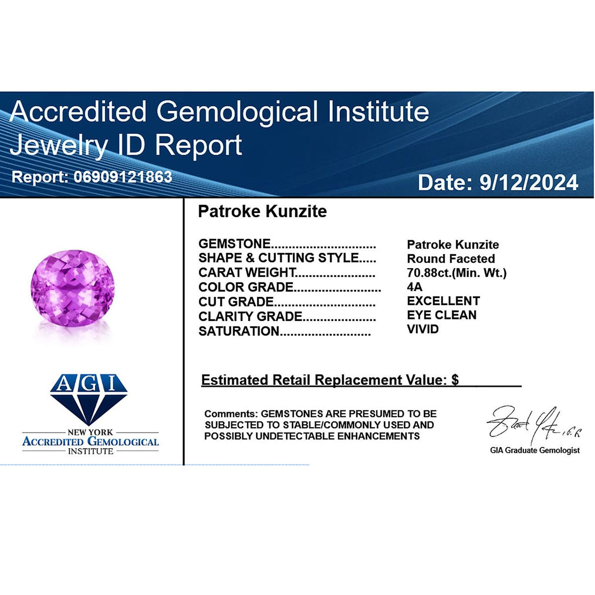 Chairman Vault Collection  - Certified and Appraised AAAA Patroke Kunzite Loose Gemstone (Rnd Shape) 70.88 ct. 7755823 5