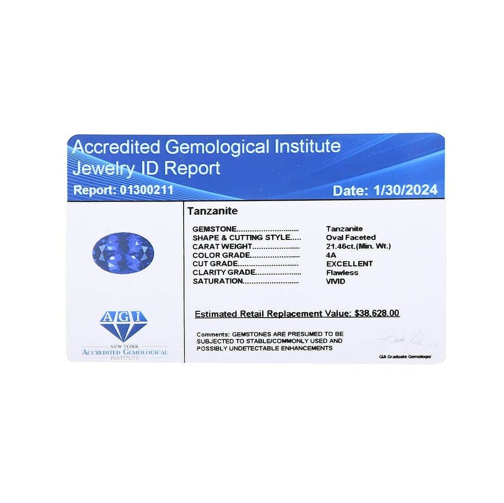 Certified and Appraised AAAA Tanzanite Loose Gemstone (Oval Shape) 21.46 ct.