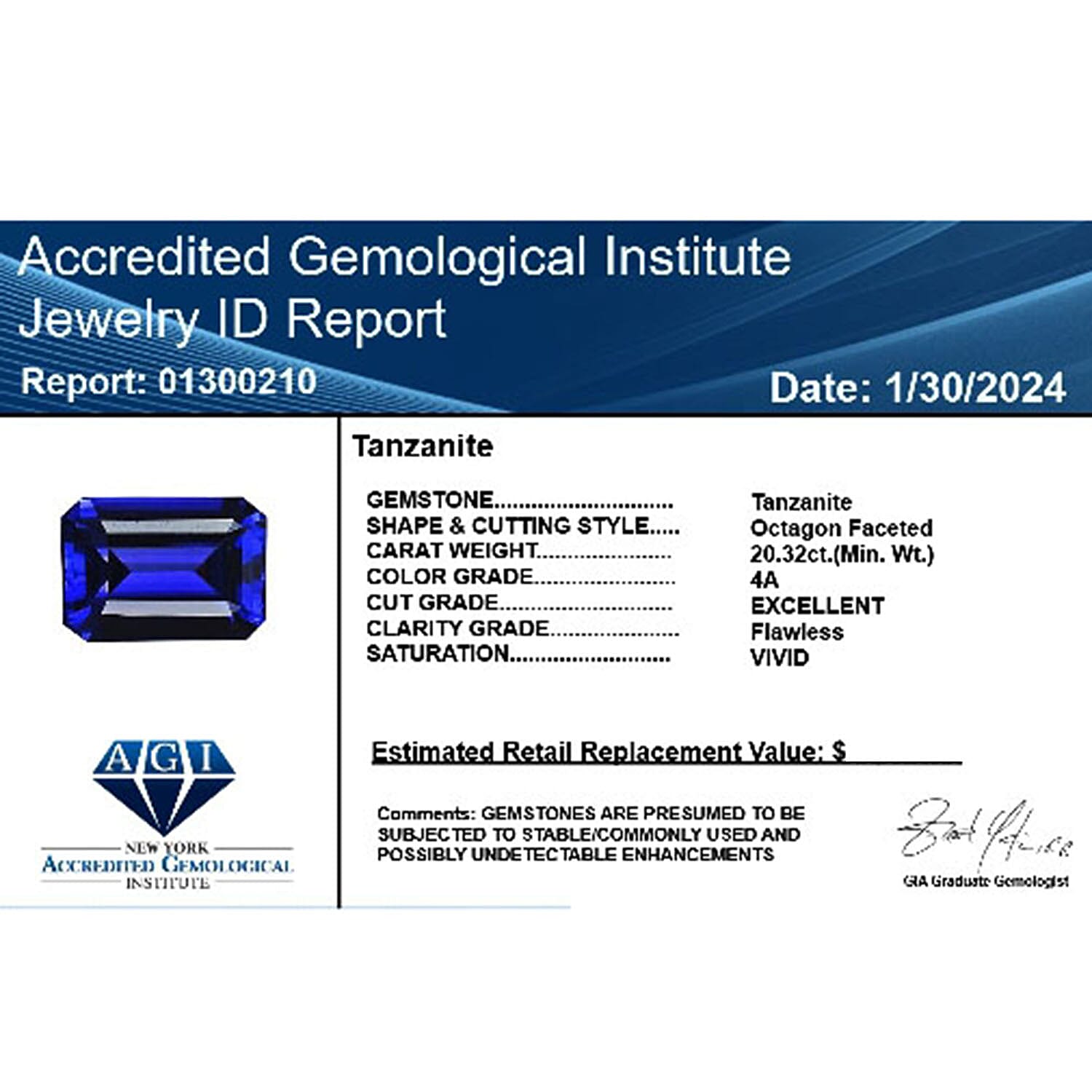 Chairman Vault Collection  - Certified and Appraised AAAA Tanzanite Loose Gemstone (Oct Shape) 20.32 ct. 7725533 4