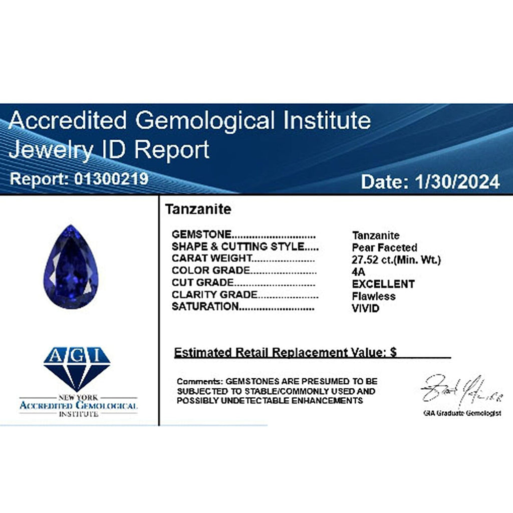 Certified and Appraised AAAA Tanzanite Loose Gemstone (Pear Shape) 27.52 ct.