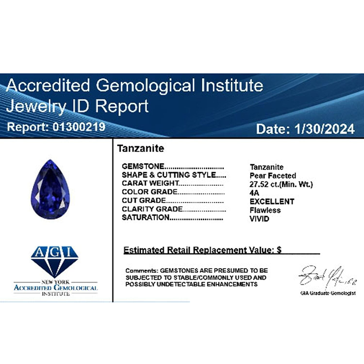 Chairman Vault Collection - Certified and Appraised AAAA Tanzanite Loose Gemstone (Pear Shape) 27.52 ct. 7725549 4