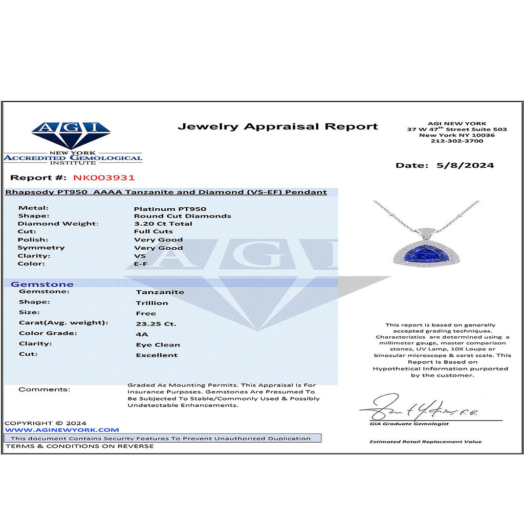 Certified and Appraised RHAPSODY 950 Platinum AAAA Tanzanite, Diamond Necklace 18 Inches 26.45 Ct