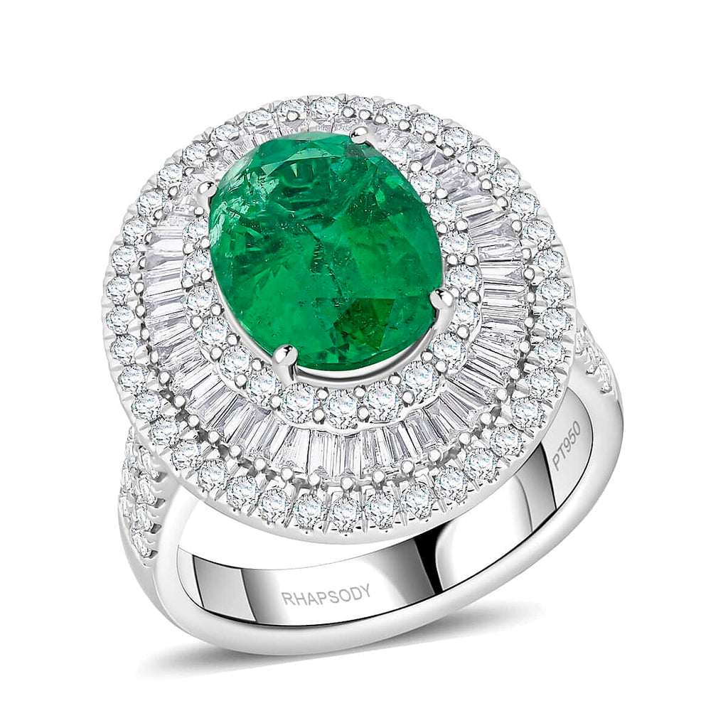 Certified and Appraised RHAPSODY 950 Platinum AAAA Kagem Zambian Emerald, Diamond Ring 5.40 Ct