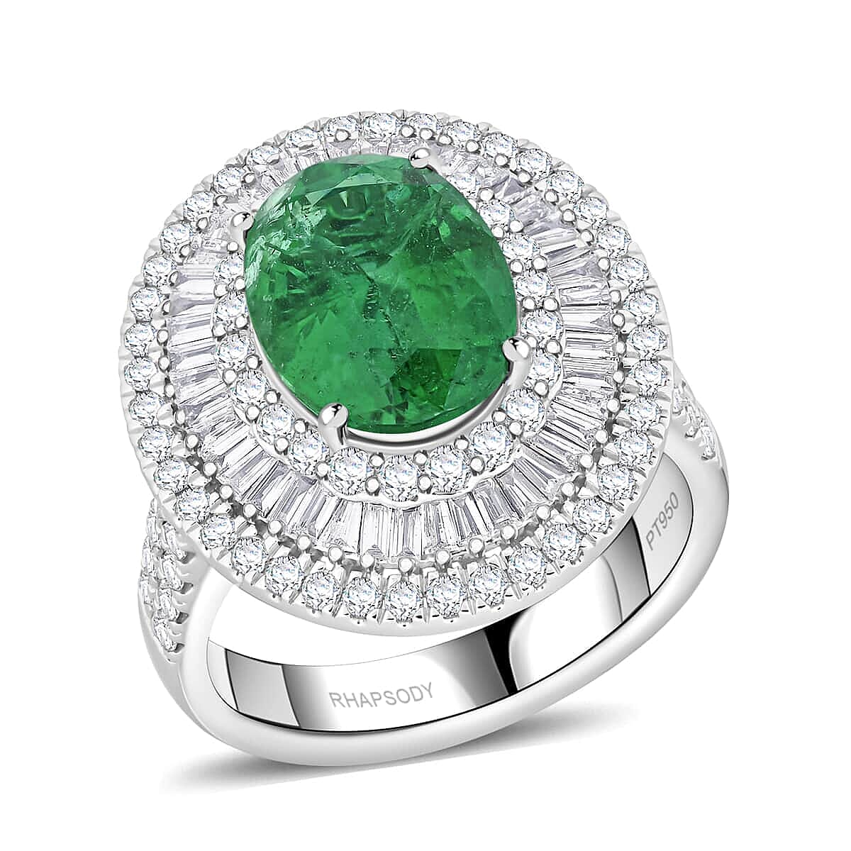 Chairman Vault Collection - Certified and Appraised RHAPSODY 950 Platinum AAAA Kagem Zambian Emerald and E-F VS Diamond Triple Halo Ring 5.40 Ct 7779285 1
