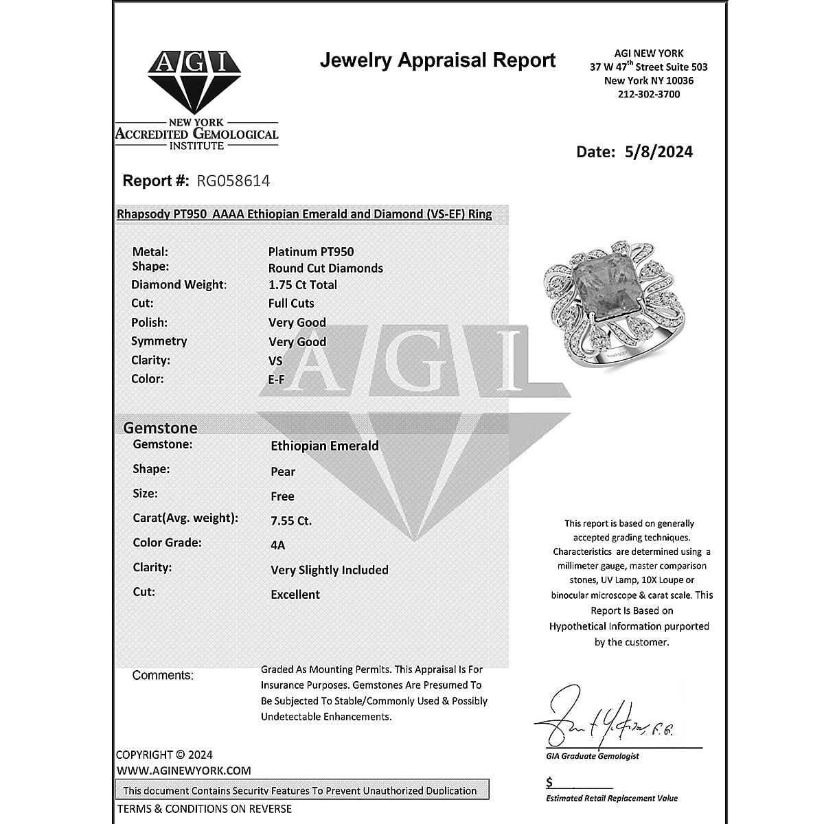 Chairman's Vault RHAPSODY 950 Platinum AAAA Ethiopian Emerald White Diamond VS Ring 9.30 Ct. 7769599 9