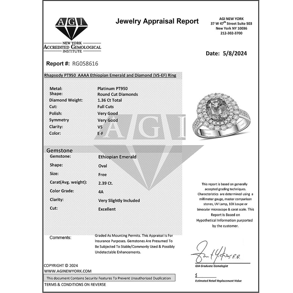 950 Platinum  AAAA  Ethiopian Emerald   White Diamond  VS Ring 3.75 ct,  Platinum Wt. 10.35 Gms  3.750  Ct.