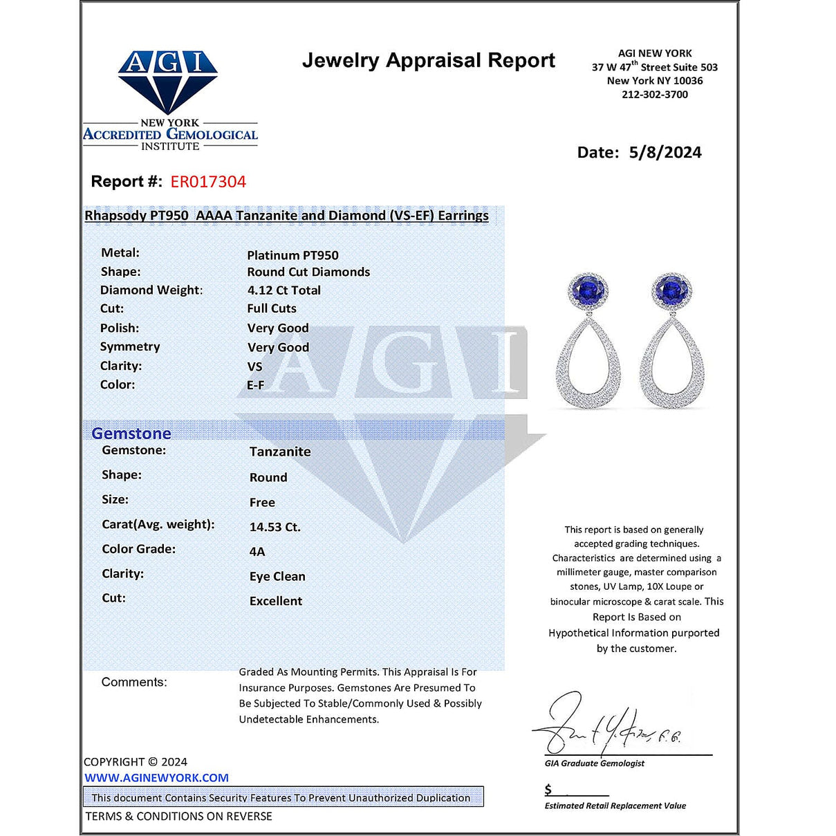 Chairman's Vault Collection Certified &amp; Appraised RHAPSODY AAAA Tanzanite, Natural Diamond Halo Earrings in 950 Platinum 18.65 Ct. 7769160 6