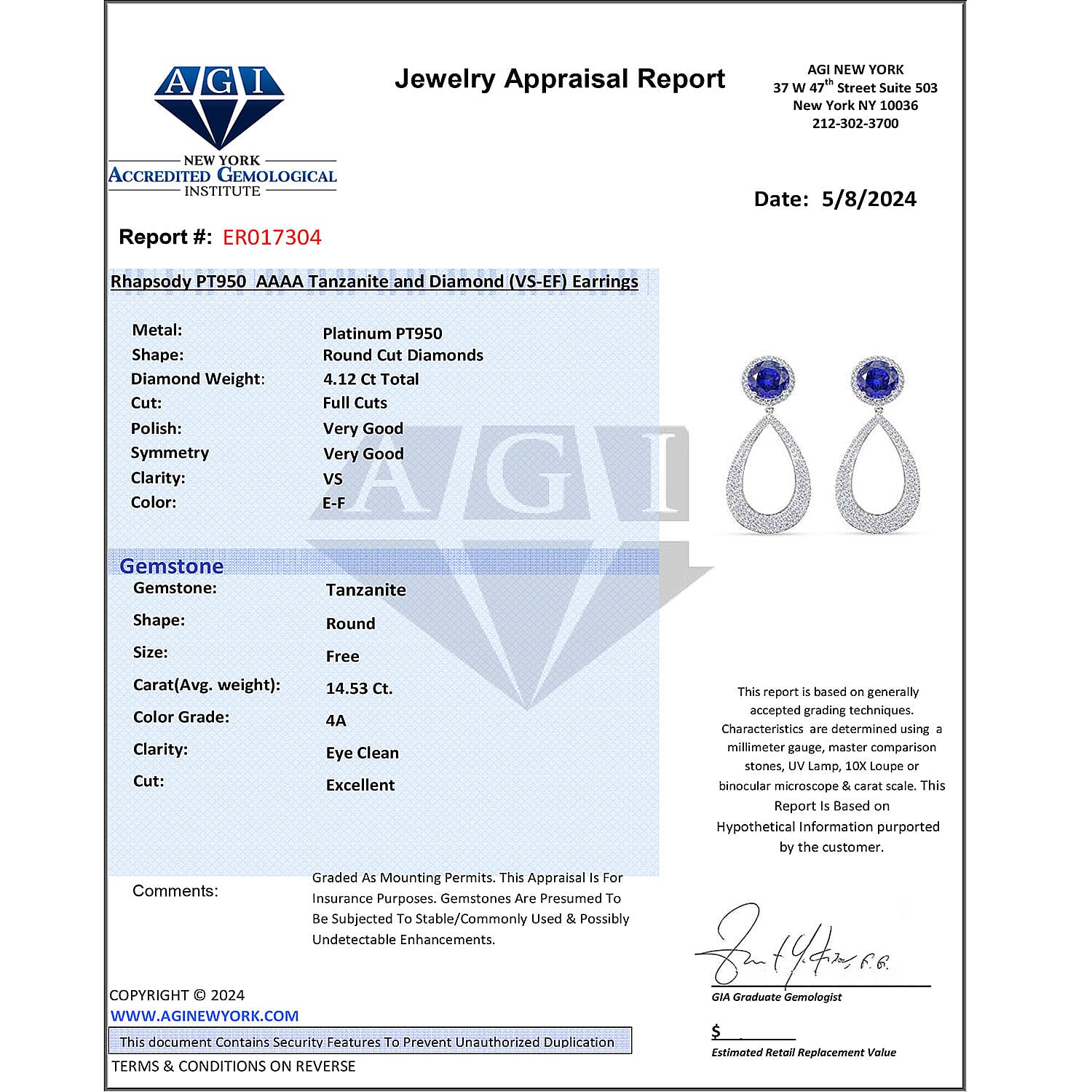 Chairman's Vault Collection Certified &amp; Appraised RHAPSODY AAAA Tanzanite, Natural Diamond Halo Earrings in 950 Platinum 18.65 Ct. 7769160 6