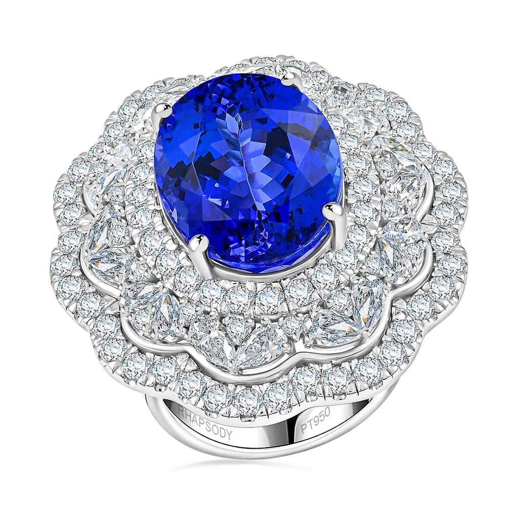 Certified and Appraised RHAPSODY 950 Platinum AAAA Tanzanite, Diamond E-F VS Halo Ring, 20.10 Ct