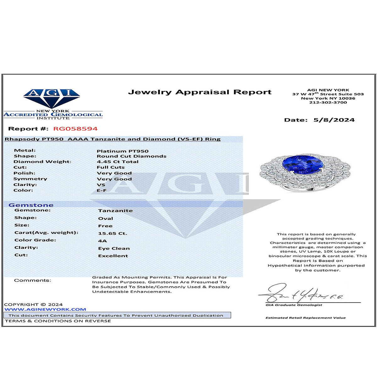 Certified and Appraised RHAPSODY AAAA 20.1 Ct Tanzanite, Diamond E-F VS Halo Ring in 950 Platinum 7769316 7