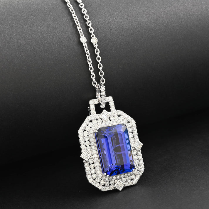 Chairman's Vault Collection Certified &amp; Appraised RHAPSODY AAAA Tanzanite, Natural Diamond Halo Pendant in 950 Platinum with 18-inch Chain 19.05 Ct. 7768345 2