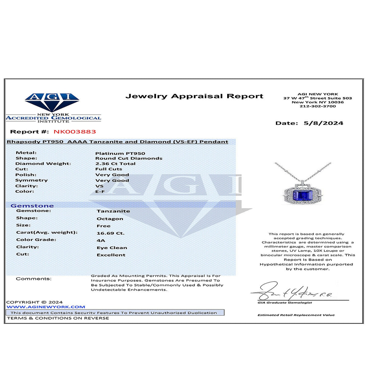 Chairman's Vault Collection Certified &amp; Appraised RHAPSODY 17.69 Ct. AAAA Tanzanite, 2.36 Ct. Natural Diamond Halo Pendant in 950 Platinum with 18-inch Chain 7768345 7