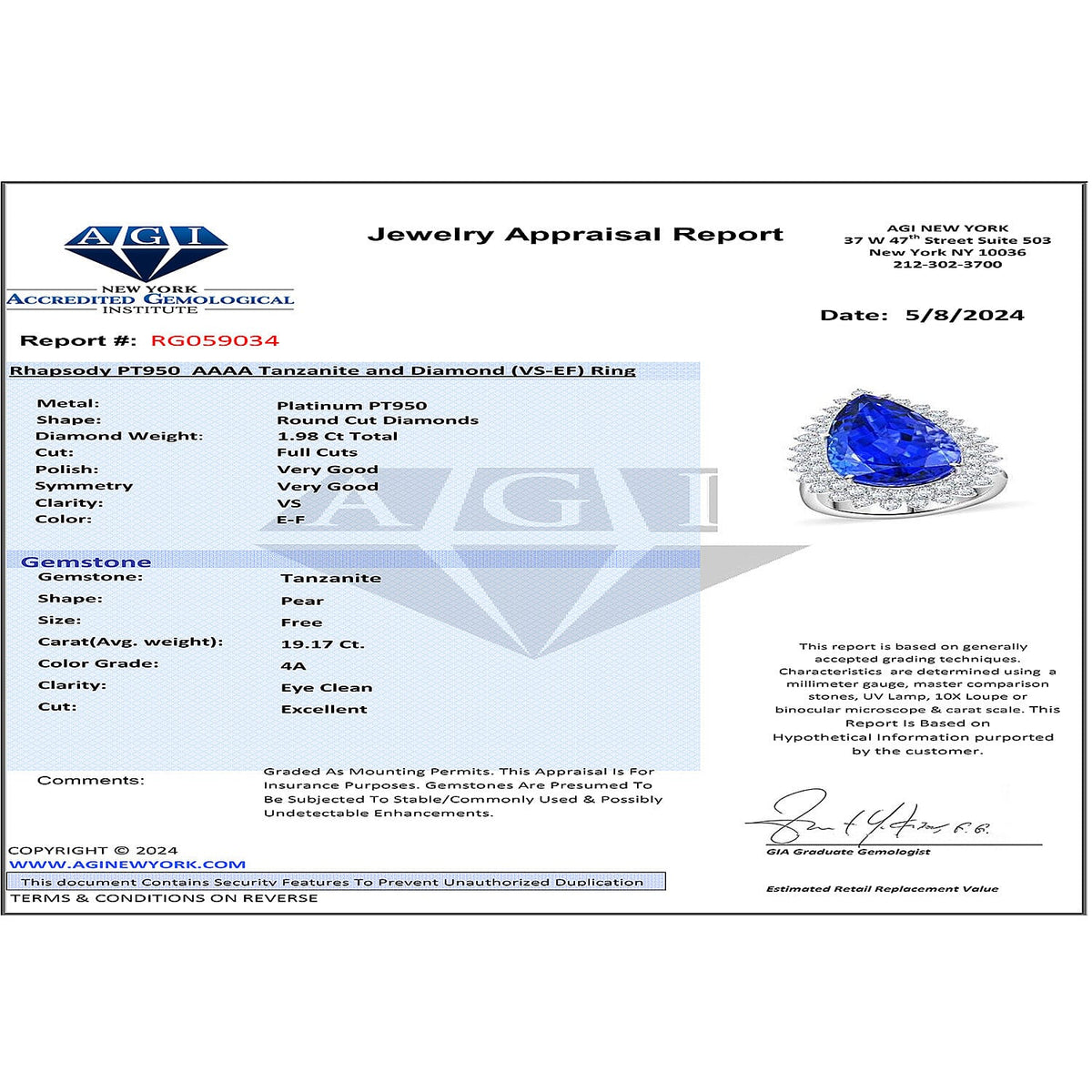Chairman's Vault Collection- RHAPSODY 950 Platinum AAAA Tanzanite &amp; AGI Certified Diamond (VS/E-F) Pear Cut Ring 7769261 7