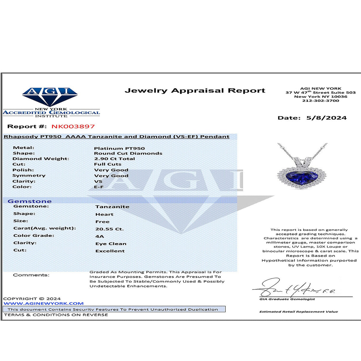 Chairman's Vault Collection Certified &amp; Appraised RHAPSODY AAAA Tanzanite, Natural Diamond Heart Pendant in 950 Platinum with 18-inch Chain, 23.45 Ct. 7768371 9