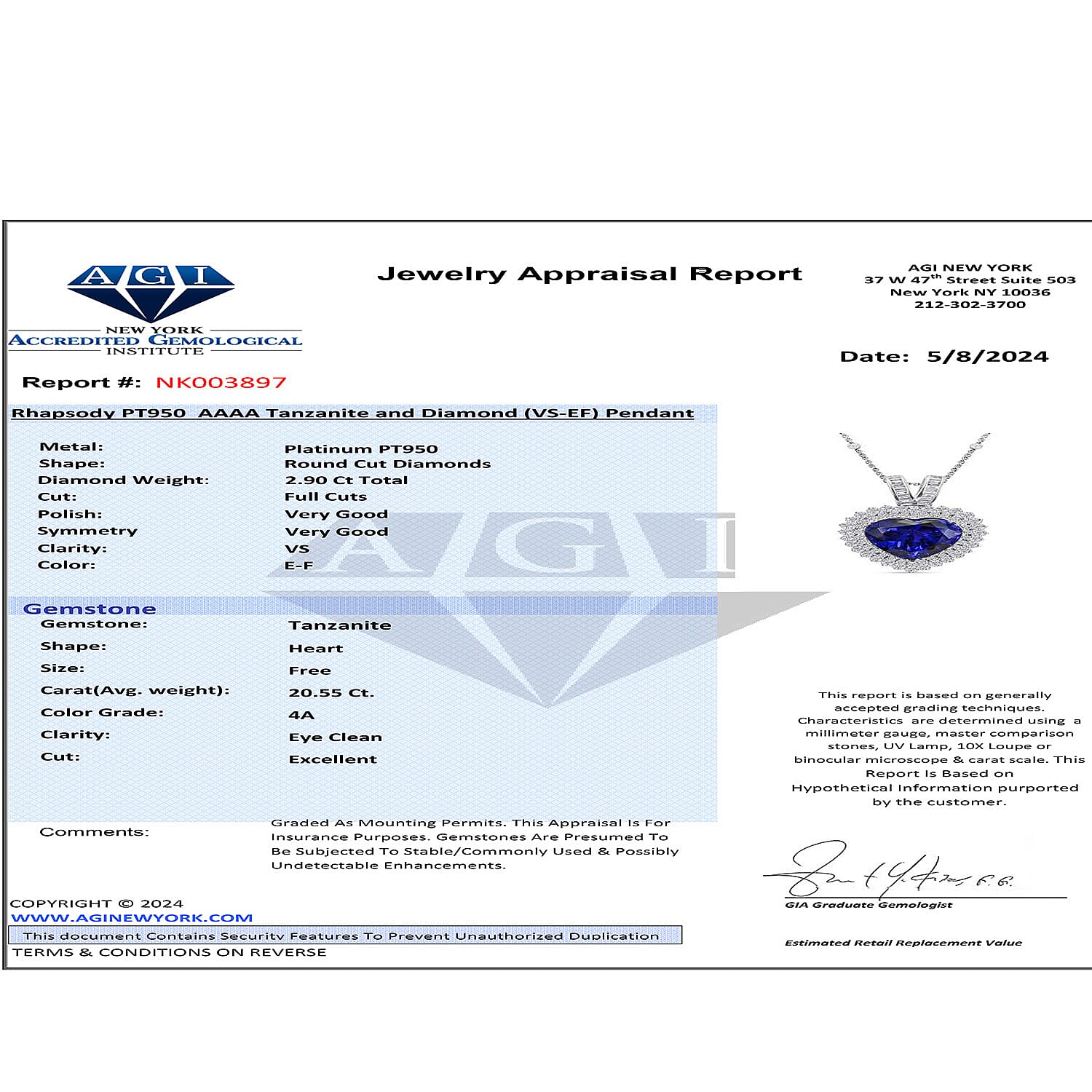 Chairman's Vault Collection Certified &amp; Appraised RHAPSODY AAAA Tanzanite, Natural Diamond Heart Pendant in 950 Platinum with 18-inch Chain, 23.45 Ct. 7768371 9