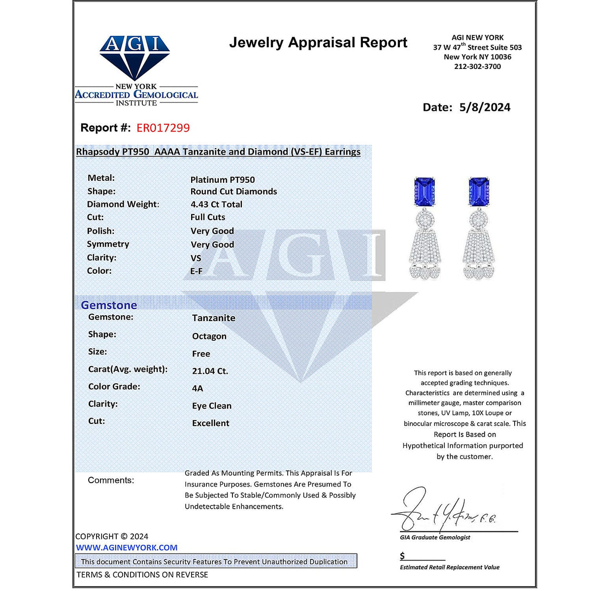 Chairman's Vault Collection Certified &amp; Appraised RHAPSODY AAAA Tanzanite, Natural Diamond Dangling Earrings in 950 Platinum 25.47 Ct. 7768858 9