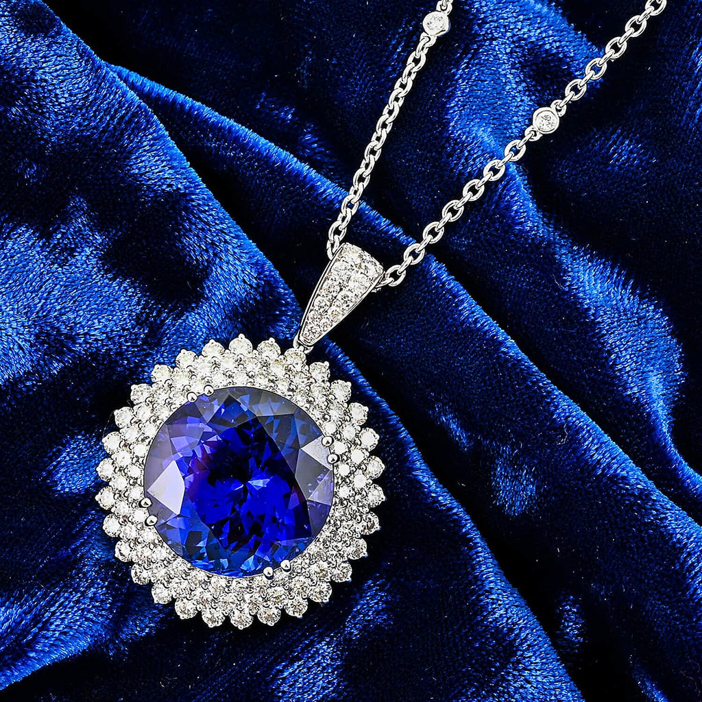 RHAPSODY 950 Platinum AGI Certified AAAA Tanzanite & VS-EF Diamond Halo Pendent wiith Chain (Size- 18) 24.70 Ct