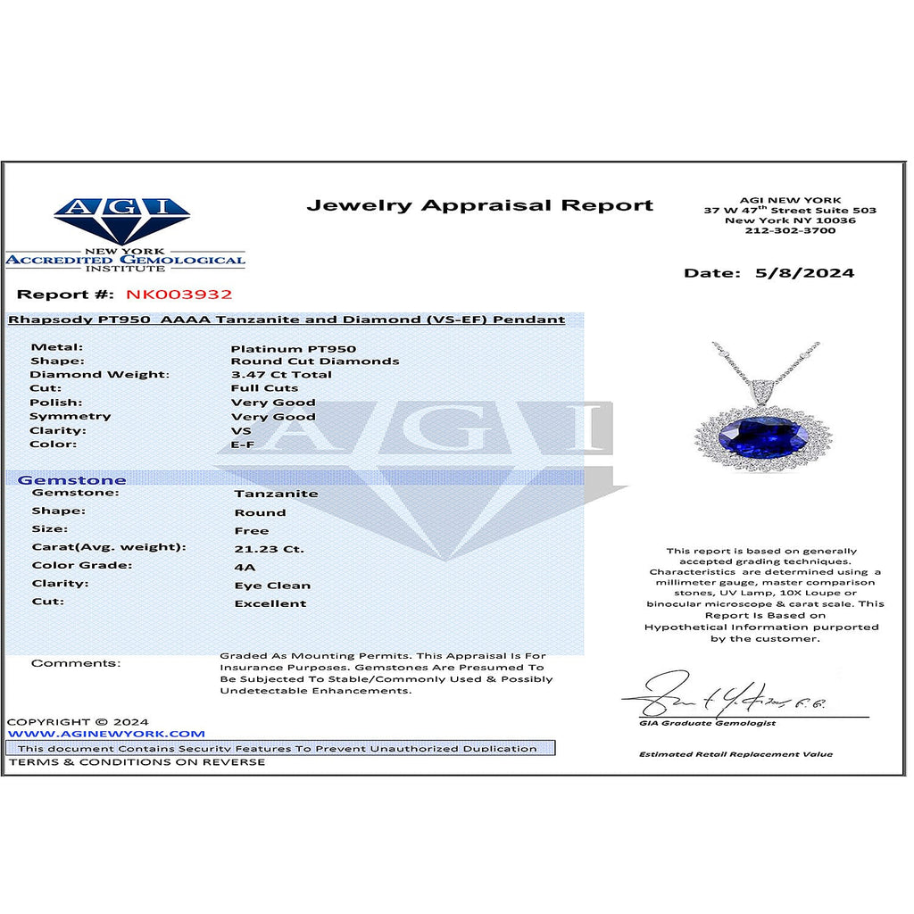 RHAPSODY 950 Platinum AGI Certified AAAA Tanzanite & VS-EF Diamond Halo Pendent wiith Chain (Size- 18) 24.70 Ct