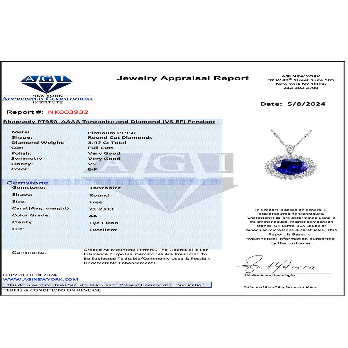 Chairman's Vault Collection 21.2 Ct. AAAA Tanzanite, Diamond Halo Pendant in 950 Platinum with 18-inch Chain 7768821 8