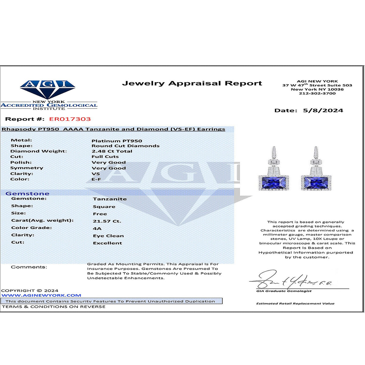 Chairman's Vault Collection Certified &amp; Appraised RHAPSODY 21.57 Ct. AAAA Tanzanite, 2.47 Ct. Natural Diamond Halo Earrings in 950 Platinum 7769112 6