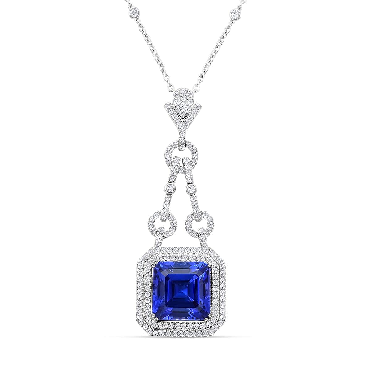 Chairman's Vault Collection Certified &amp; Appraised RHAPSODY AAAA Tanzanite, Natural Diamond Double Halo Pendant in 950 Platinum with 18-inch Chain 24.85 Ct. 7768824 0