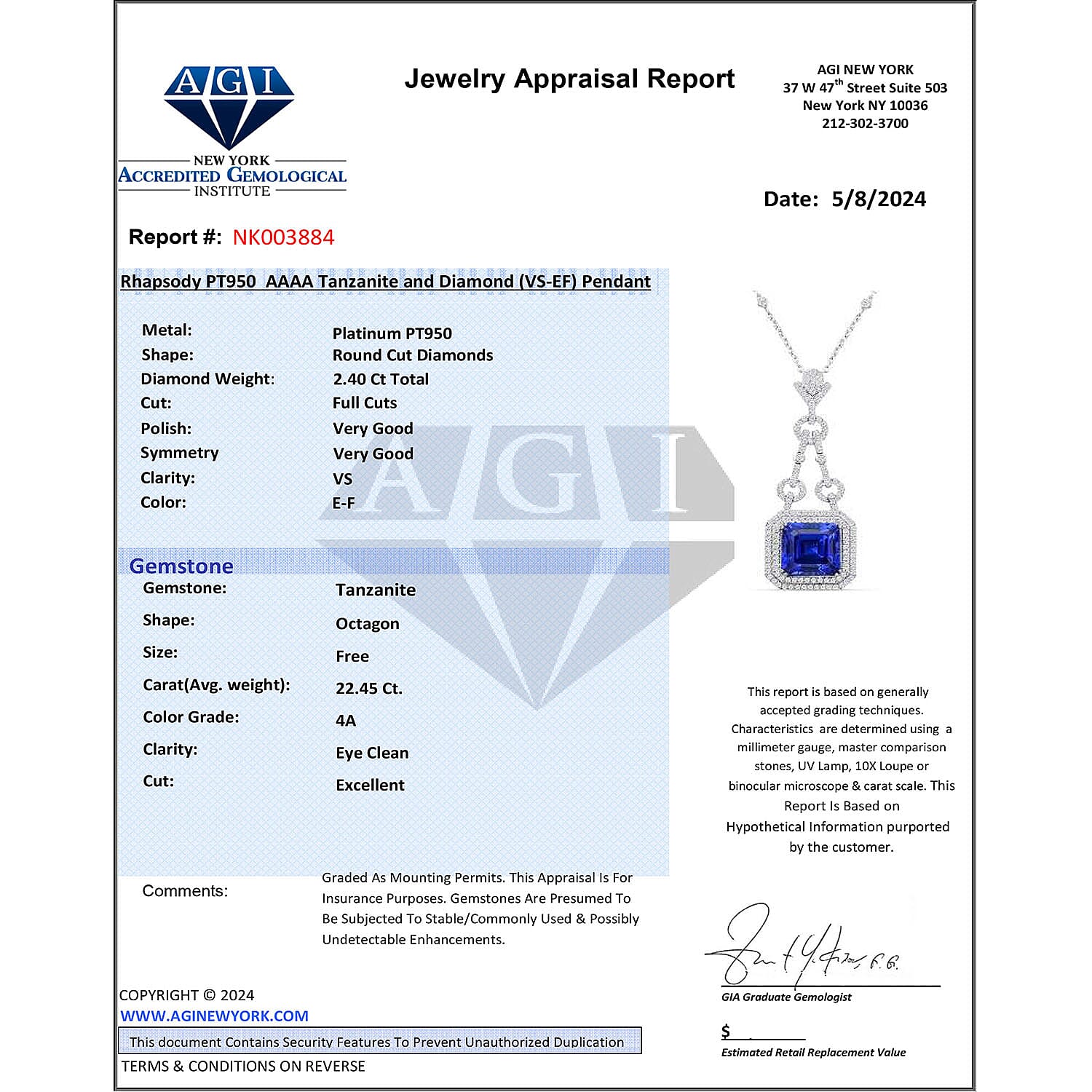 Chairman's Vault Collection Certified &amp; Appraised RHAPSODY AAAA Tanzanite, Natural Diamond Double Halo Pendant in 950 Platinum with 18-inch Chain 24.85 Ct. 7768824 8