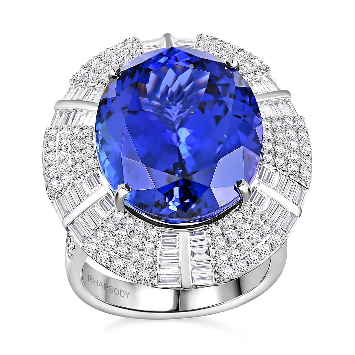 RHAPSODY Certified and Appraised 27.1 Ct. AAAA Tanzanite, Diamond VS E-F Halo Ring in 950 Platinum 7769375 0