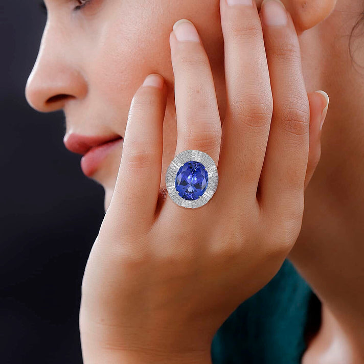 Chairman's Vault Collection Certified &amp; Appraised RHAPSODY AAAA Tanzanite, Natural Diamond Quadruple Halo Ring in 950 Platinum 27.15 Ct. 7769375 2
