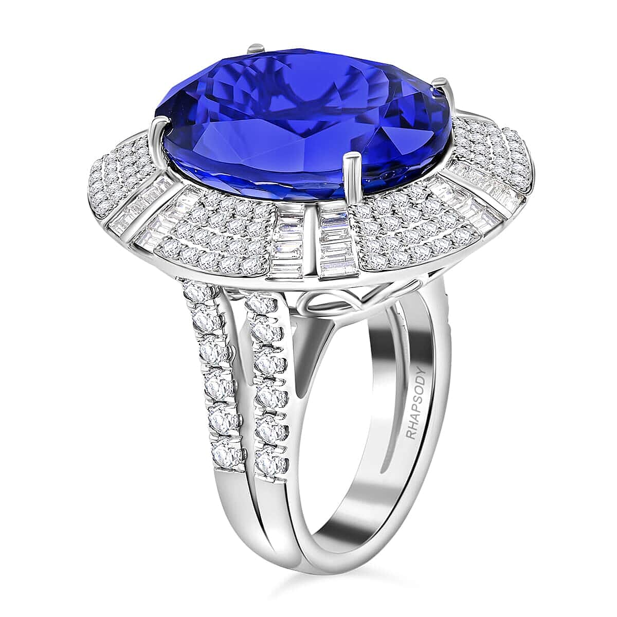 RHAPSODY Certified and Appraised 27.1 Ct. AAAA Tanzanite, Diamond VS E-F Halo Ring in 950 Platinum 7769375 2