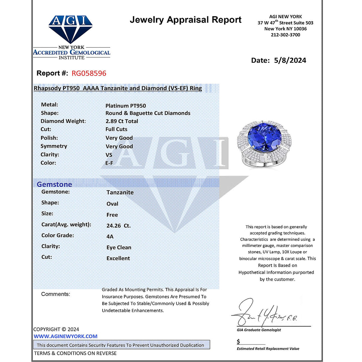 RHAPSODY Certified and Appraised 27.1 Ct. AAAA Tanzanite, Diamond VS E-F Halo Ring in 950 Platinum 7769375 7
